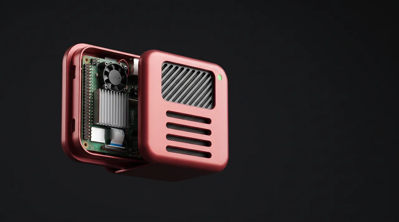 The Milo backpack opened to show a compact computer board and cooling fan inside.