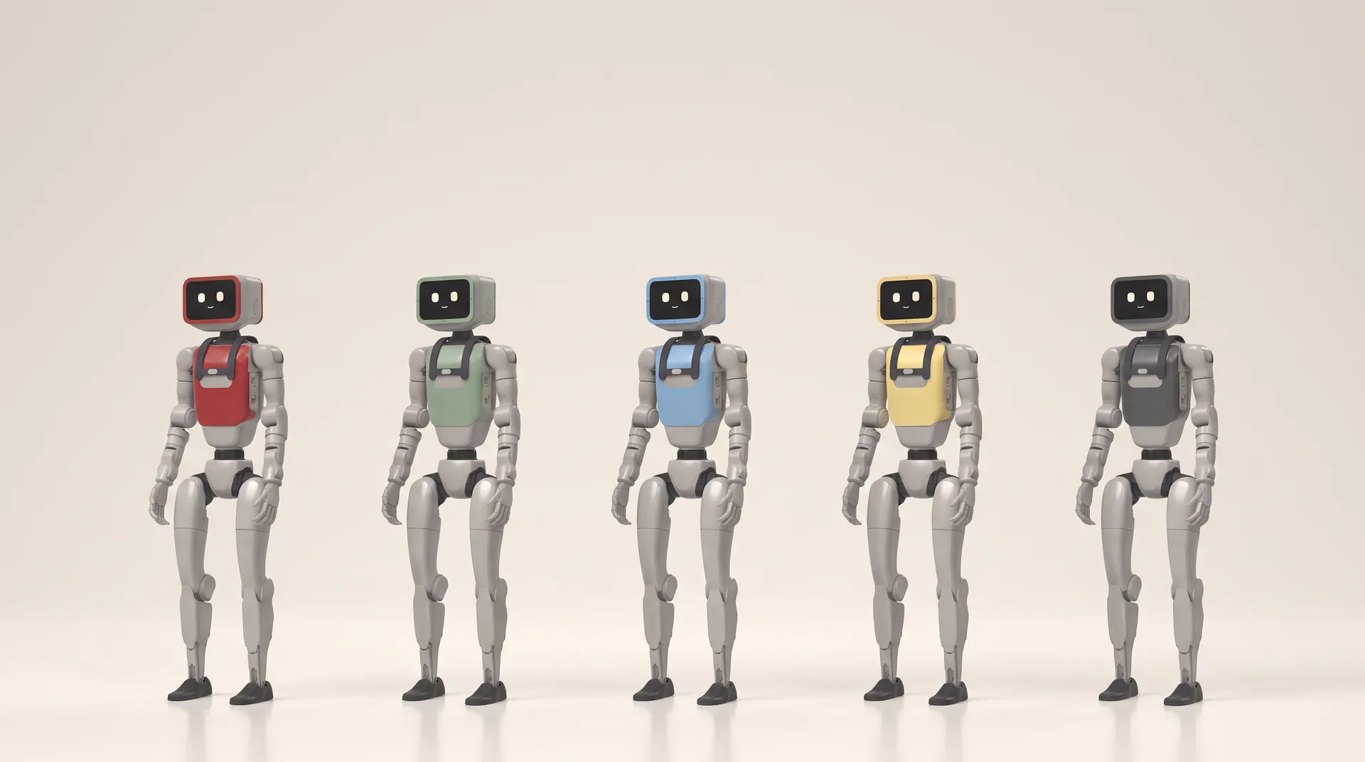 Five Milo robots standing side by side, one in each color.