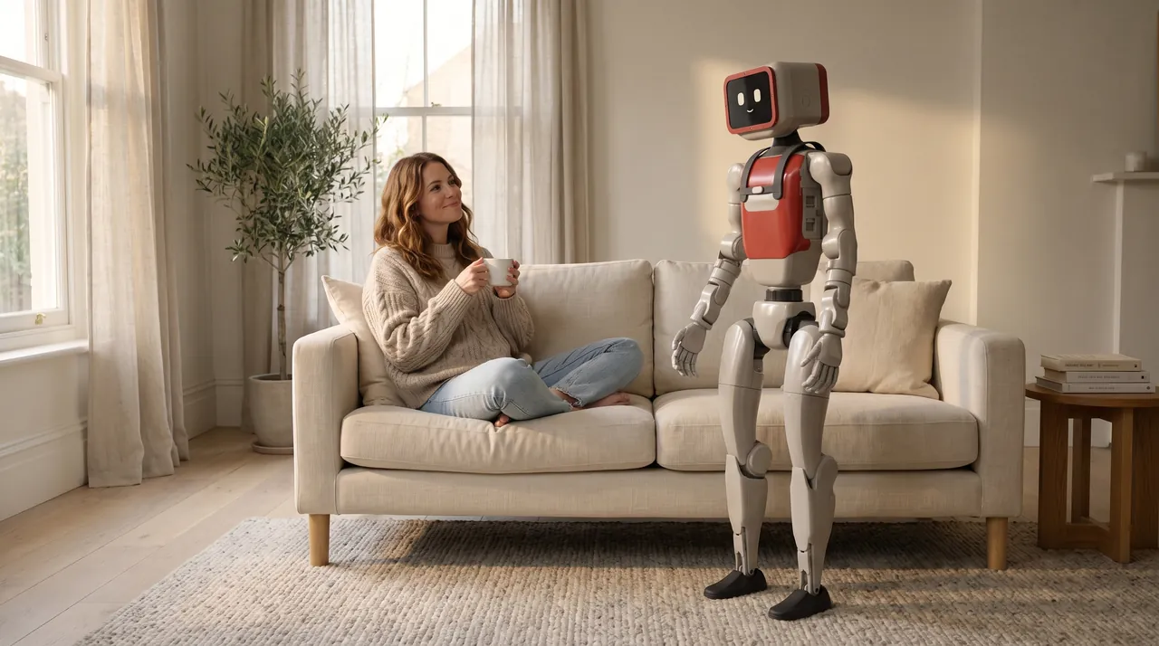 A sunlit living room. A woman in a cream sweater sits on the sofa with a cup of tea while Milo stands beside her.