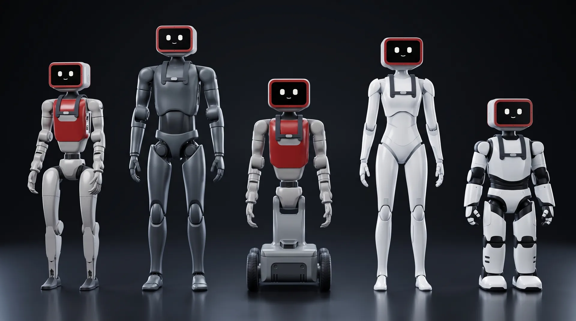 Five different robot bodies in a row, one on a wheeled base, each wearing the same Milo head and harness.