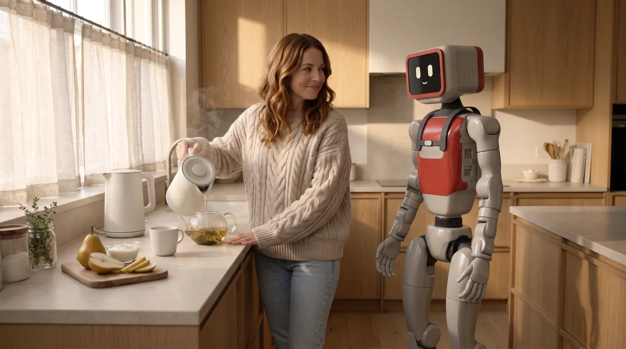 In a bright kitchen, the woman pours hot water into a glass teapot as Milo stands nearby.