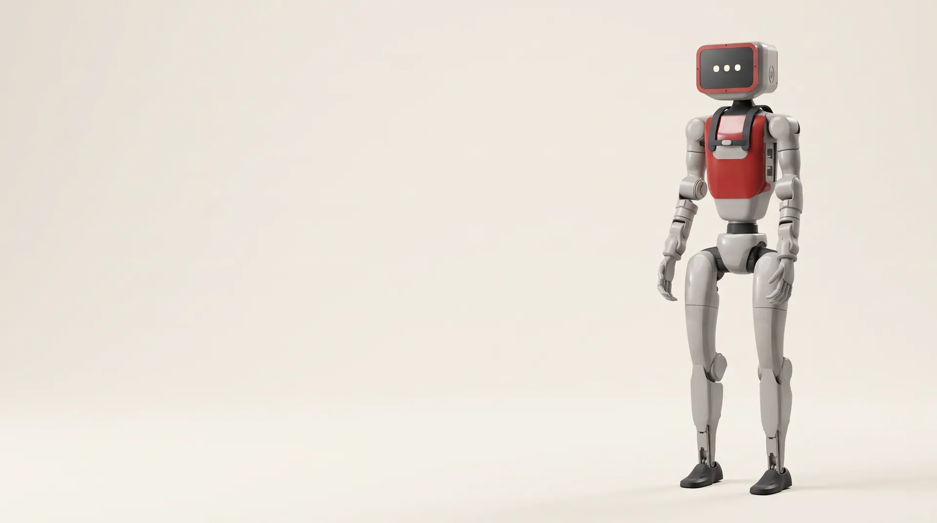 Milo standing in a bright studio, its display showing three dots while it thinks.